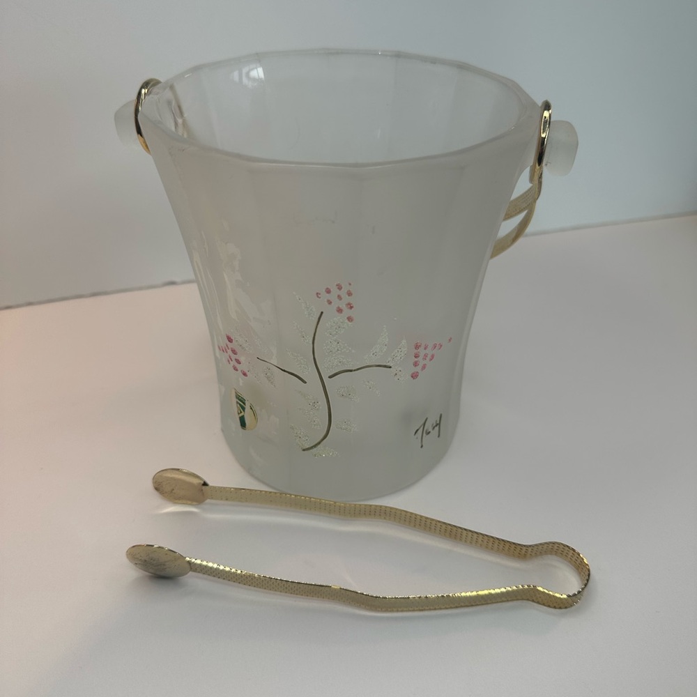 Vintage Signed Hand Painted Frosted Ice Bucket with Tongs